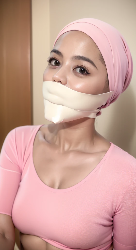 (8K, RAW photo, Best Quality, Masterpiece: 1.2),
(ultra high res, photorealistic:1.40), glorious picture, person dry and lowest lux,
Natasha, natural wearing hijab, (wearing light pink color t-shirt),
Babyfat, No makeup, 
Natural detailed eyes:1.1, 
Natural detailed lips,  
in a hotel, 
Seductive smile facing the camera,
Highly detailed face and skin texture,
Vivid colors, 
Sharp focus, gagged, microfoam gag