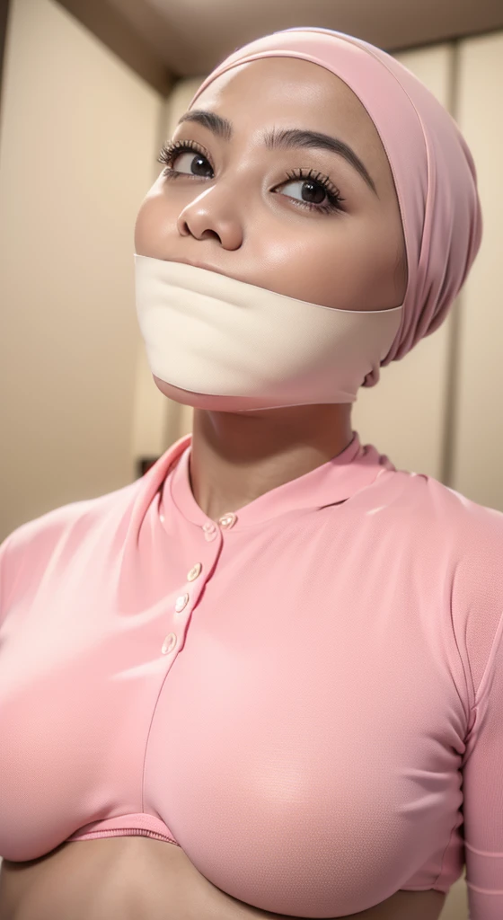 (8K, RAW photo, Best Quality, Masterpiece: 1.2),
(ultra high res, photorealistic:1.40), glorious picture, person dry and lowest lux,
Natasha, natural wearing hijab, (wearing light pink color t-shirt),
Babyfat, No makeup, 
Natural detailed eyes:1.1, 
Natural detailed lips,  
in a hotel, 
Seductive smile facing the camera,
Highly detailed face and skin texture,
Vivid colors, 
Sharp focus, gagged, microfoam gag