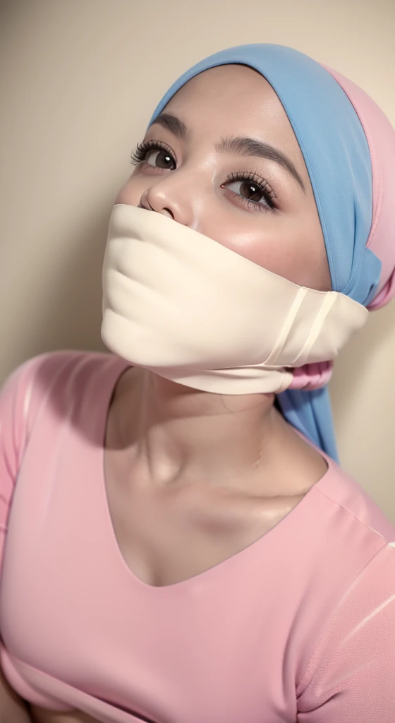 (8K, RAW photo, Best Quality, Masterpiece: 1.2),
(ultra high res, photorealistic:1.40), glorious picture, person dry and lowest lux,
Natasha, natural wearing hijab, (wearing light pink color t-shirt),
Babyfat, No makeup, 
Natural detailed eyes:1.1, 
Natural detailed lips,  
in a hotel, 
Seductive smile facing the camera,
Highly detailed face and skin texture,
Vivid colors, 
Sharp focus, gagged, microfoam gag