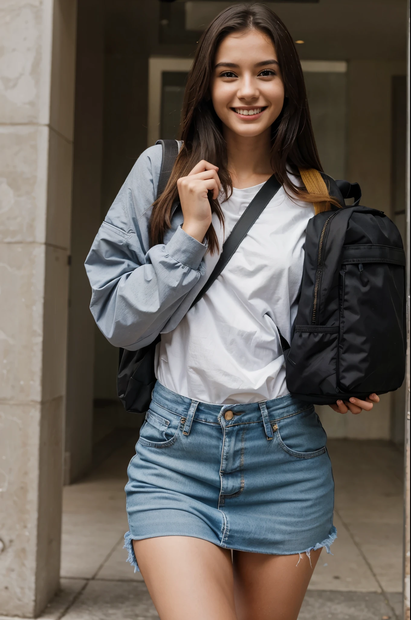 young woman carrying books backpack smiling