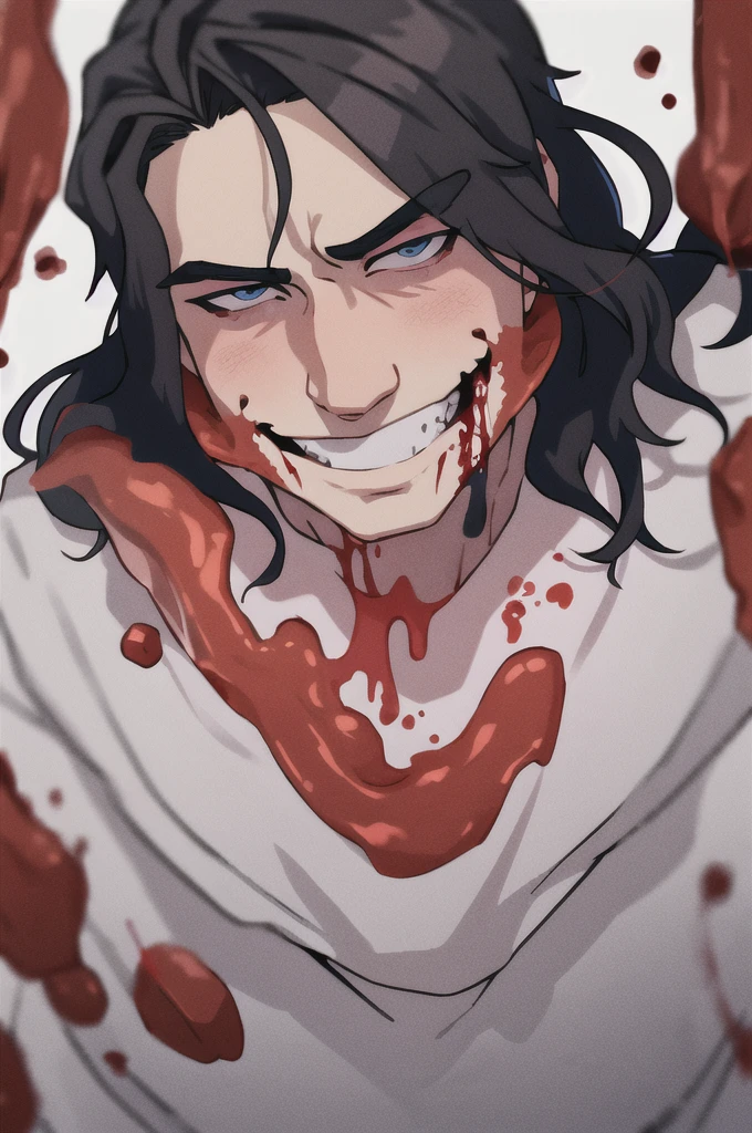 1man, long black hair, blue, slit mouth, bloody mouth, bloody smile, white hoodie, black pants, white background
