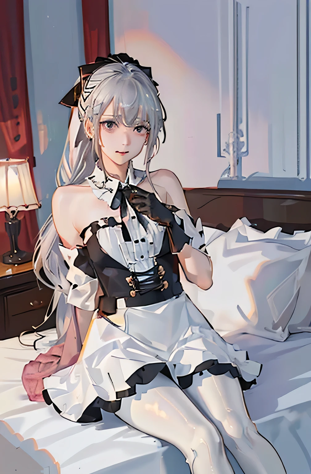 (((1 girl)),Ray Tracing,(Dim lighting),[Detailed Background (Bedroom)),((Silver Hair)),((Silver Hair)),(Fluffy Silver Hair, Plump and slender girl)) Raised ponytail)))) Avoid blonde eyes in the ominous Bedroom ((((Girls、She wears intricately embroidered black high-waisted pants and pantyhose.。) White frilly ribbon gloves), Showing off a delicate, slim figure and graceful curves, Correct limbs, Sitting on the bed、8K、Perfect female body、Red line clothes、8K、High quality、Naughty fashion、Big Breasts、Eros、Lingerie、Pink outfit、bikini