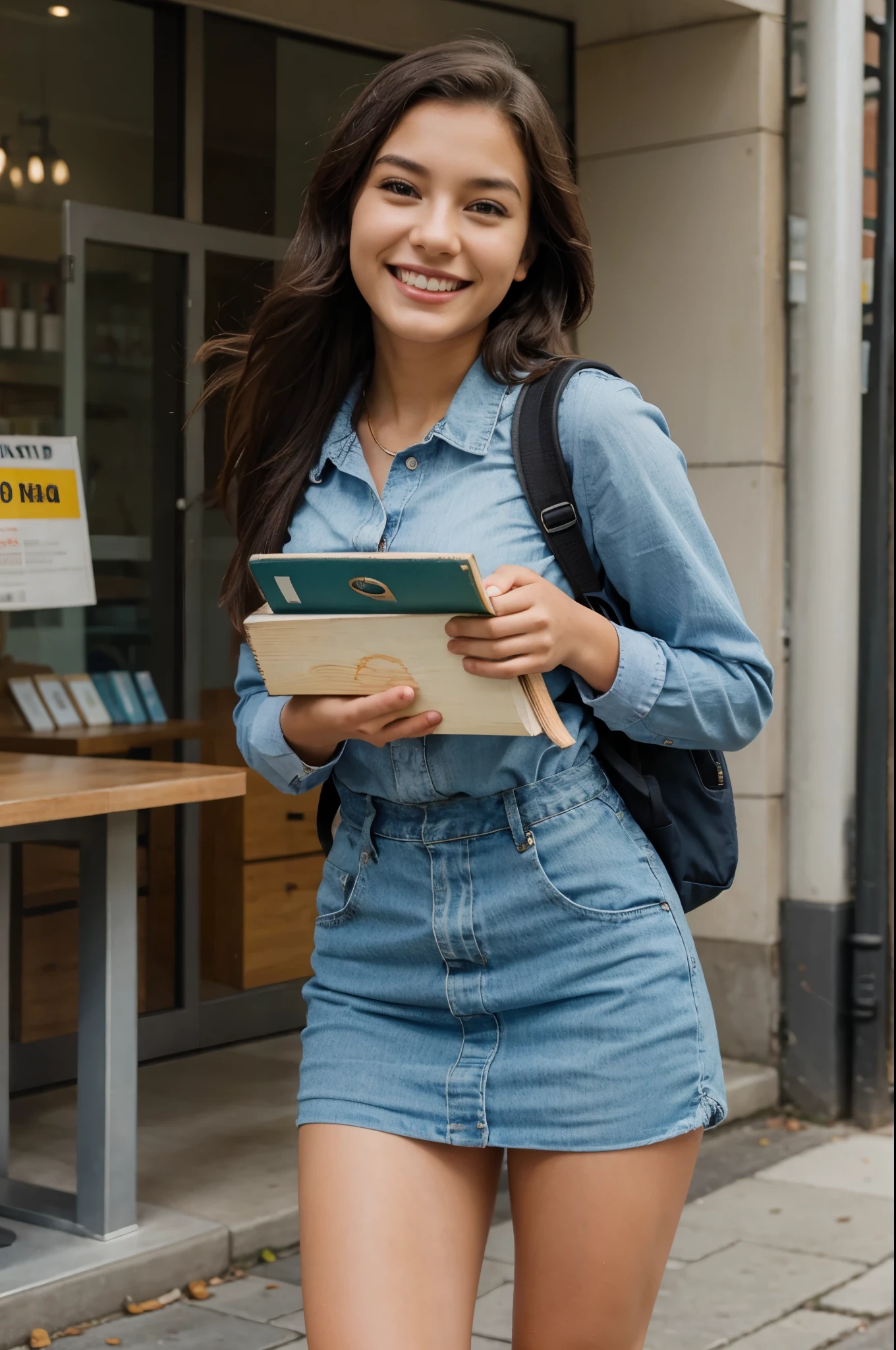 young woman carrying books backpack smiling