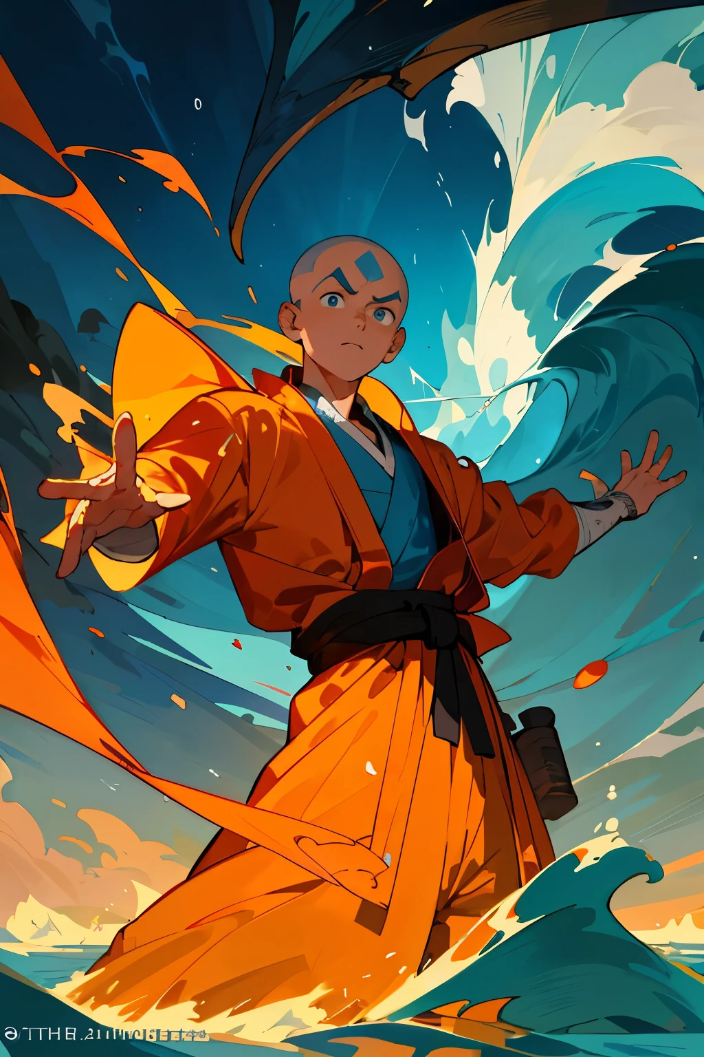 Avatar Aang, with his iconic orange Turtle Gi, stood at the edge of a vast ocean. His determination shone in his bright blue eyes as he raised his hands, focusing his energy. In this cinematic moment, the ocean began to ripple and bend under his bending abilities, creating mesmerizing waves that danced towards the shore. The sunset cast an orange glow over the water, highlighting the intricate details of Avatar Aang's features and the vibrant colors of his clothing. The world held its breath, awestruck by the sheer power and grace of the Avatar as he controlled the ocean's currents, ready to face any challenges that came his way