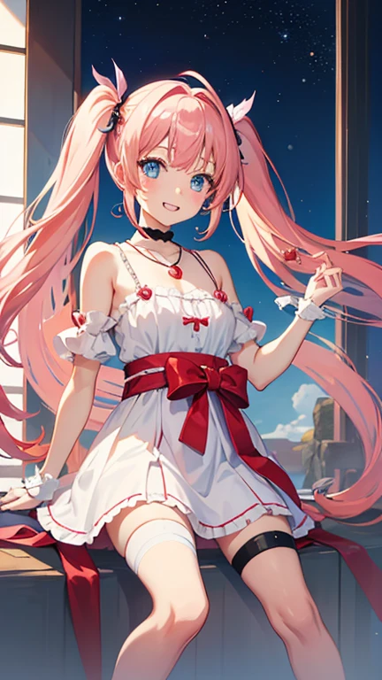 masterpiece, highest quality, High resolution,Anime Style、Characters from Tensura、Milim、whole body Platinum pink hair(Twin tails:20:1)(Ahoge:1:10)、blue eyes、About 10 years old、上半身はwhiteとピンクのボーダーラインがあるタンクトップ、The lower half is shorts、smile、The double tooth shines、Red on the neck、white、A necklace with a blue magatama、(ピンクとwhiteのボーダーの靴下:7:1)