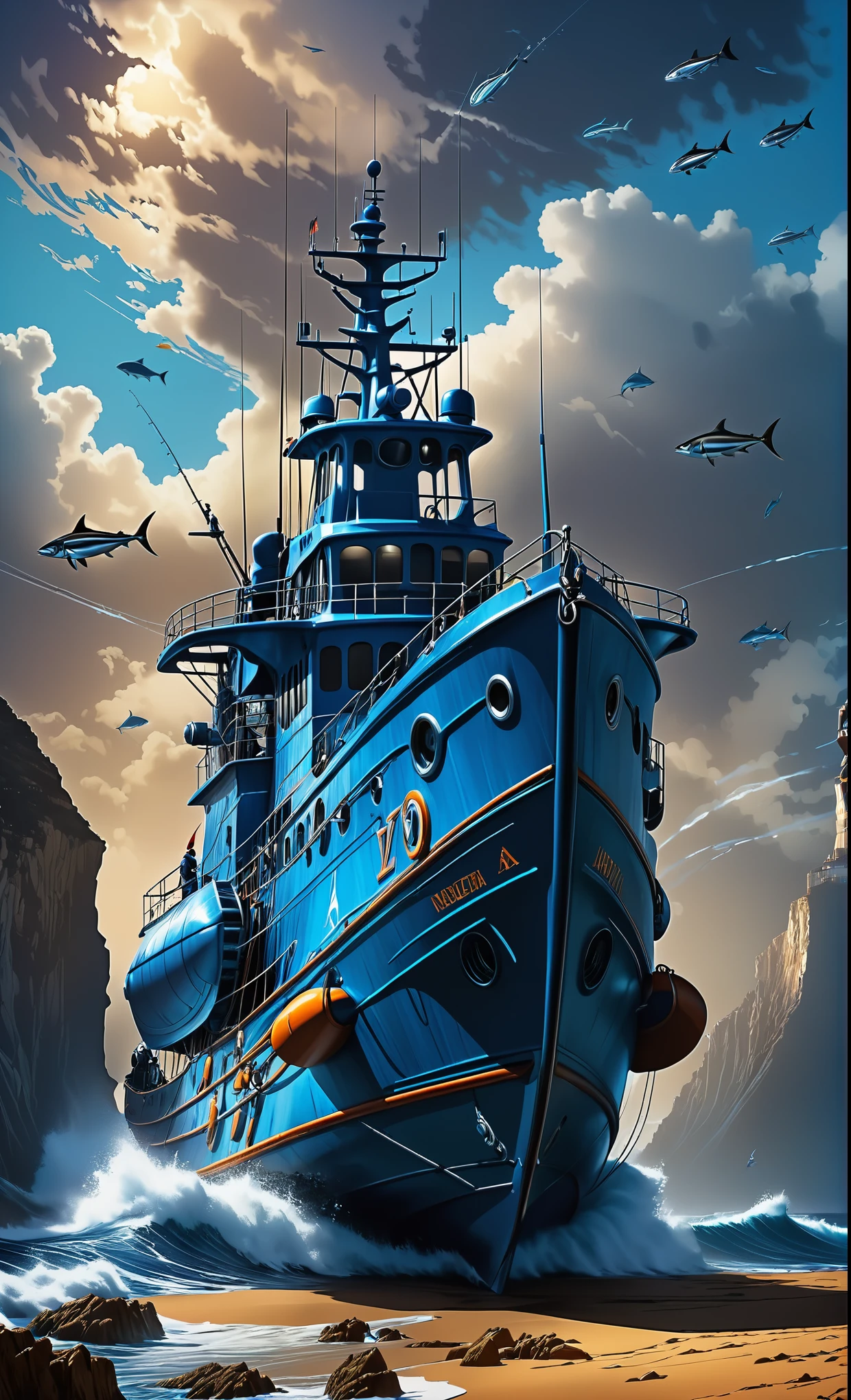 Nazare Nautica vol.2 - Fishing cutters and deep divers, by Luis Duarte, Nanopunk, blue shading, Nazare style, Element Water, Mythpunk, Graphic Interface, Space Art, Sci-Fic Art, Dark Influence, NijiExpress 3D v3, Kinetic Art, Datanoshing, Oilpainting, Ink v3, Splash style, Abstract Art, Abstract Tech, Cyber Tech Elements, Futuristic, Epic style, Illustrated v3, Deco Influence, AirBrush style, drawing