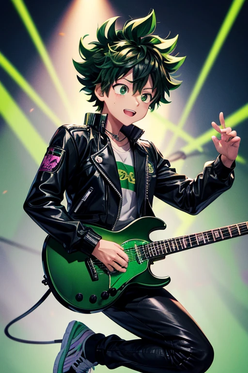 Izuku Midoriya pop star rock clothing black jacket with green flames black latex pants black tennis shoes with green flames print holding a guitar while singing in a background of a stage with multiple musical notes 