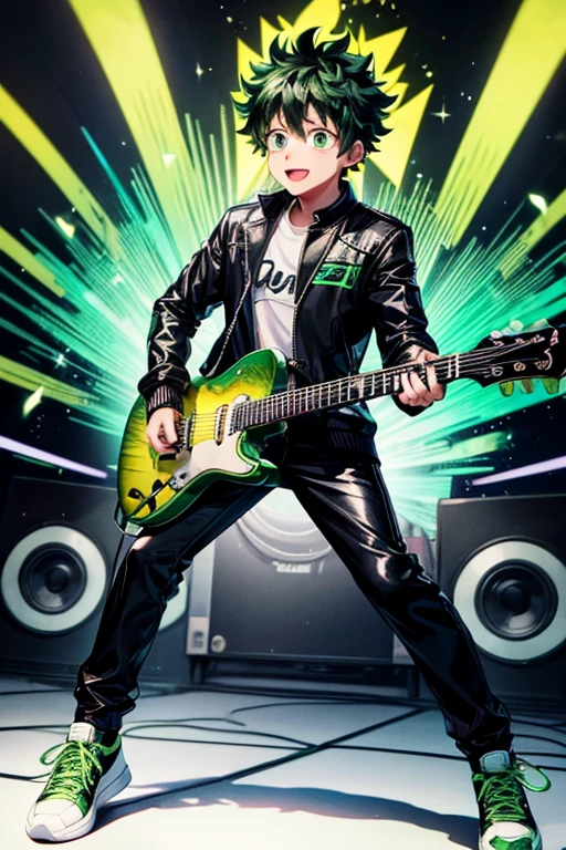 Izuku Midoriya pop star rock clothing black jacket with green flames black latex pants black tennis shoes with green flames print holding a guitar while singing in a background of a stage with multiple musical notes 