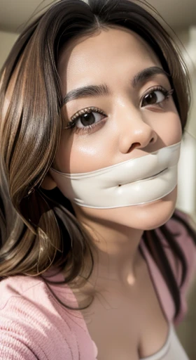 (8K, RAW photo, Best Quality, Masterpiece: 1.2),
(ultra high res, photorealistic:1.40), glorious picture, person dry and lowest lux,
Natasha, natural wavy long hair ,(wearing light pink color t-shirt),
Babyfat, No makeup, 
Natural detailed eyes:1.1, 
Natural detailed lips,  
in a hotel, 
Seductive smile facing the camera,
Highly detailed face and skin texture,
Vivid colors, 
Sharp focus, gagged, microfoam gag, cleave gag