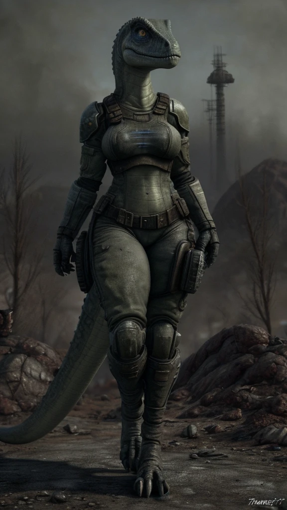 Trniert Furry Velociraptor woman on fallout and full body and haut blu and black and gray