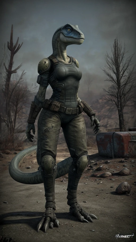 Trniert Furry Velociraptor woman on fallout and full body and haut blu and black and gray