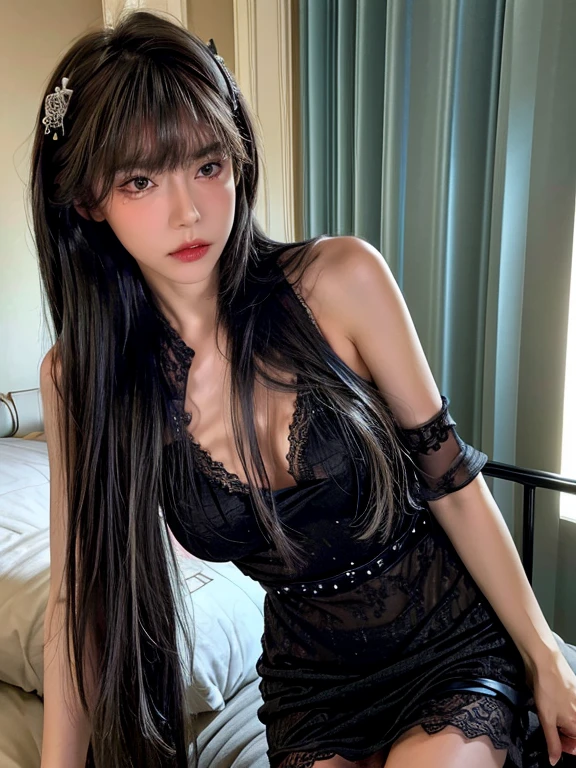 Best quality, masterpiece, ultra high res, (photorealistic:1.4), raw photo, 1girl, ((black lace nightgown)), ((small breast)), cold light
