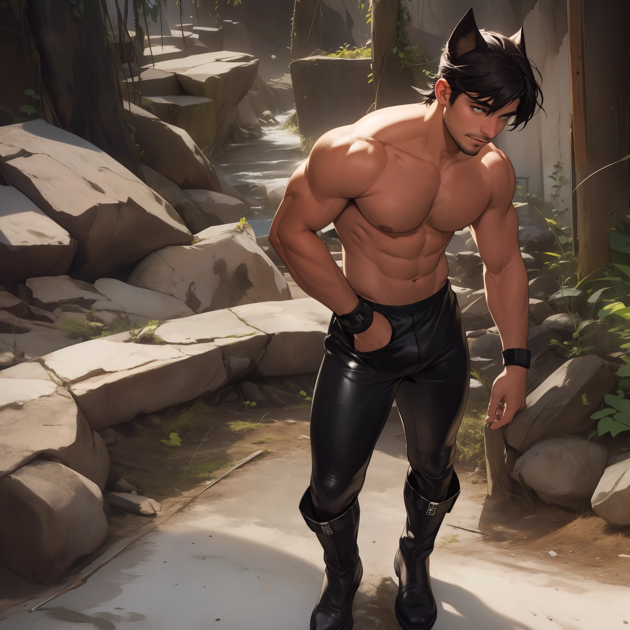 masculine guy wearing brown boots, full body pose, ready for combat, short beard, lightly hairy body ((tanned skin)), short hair, ((has floppy wolf ears)), grungy sci-fi, wearing tight leather pants, ((cum gutters)), v-line:1.5, ((he is solo)), ((he is alone)), glowing eyes, shining, prismatic, glistening, wearing bandana and leather wrist bands, shirtless