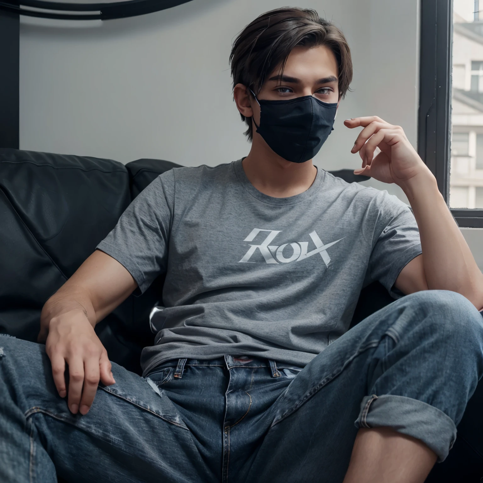 A boy with gray pointy hair using black eye mask, gray t-shirt with jeans jacket using blue jean shorts and red jordans