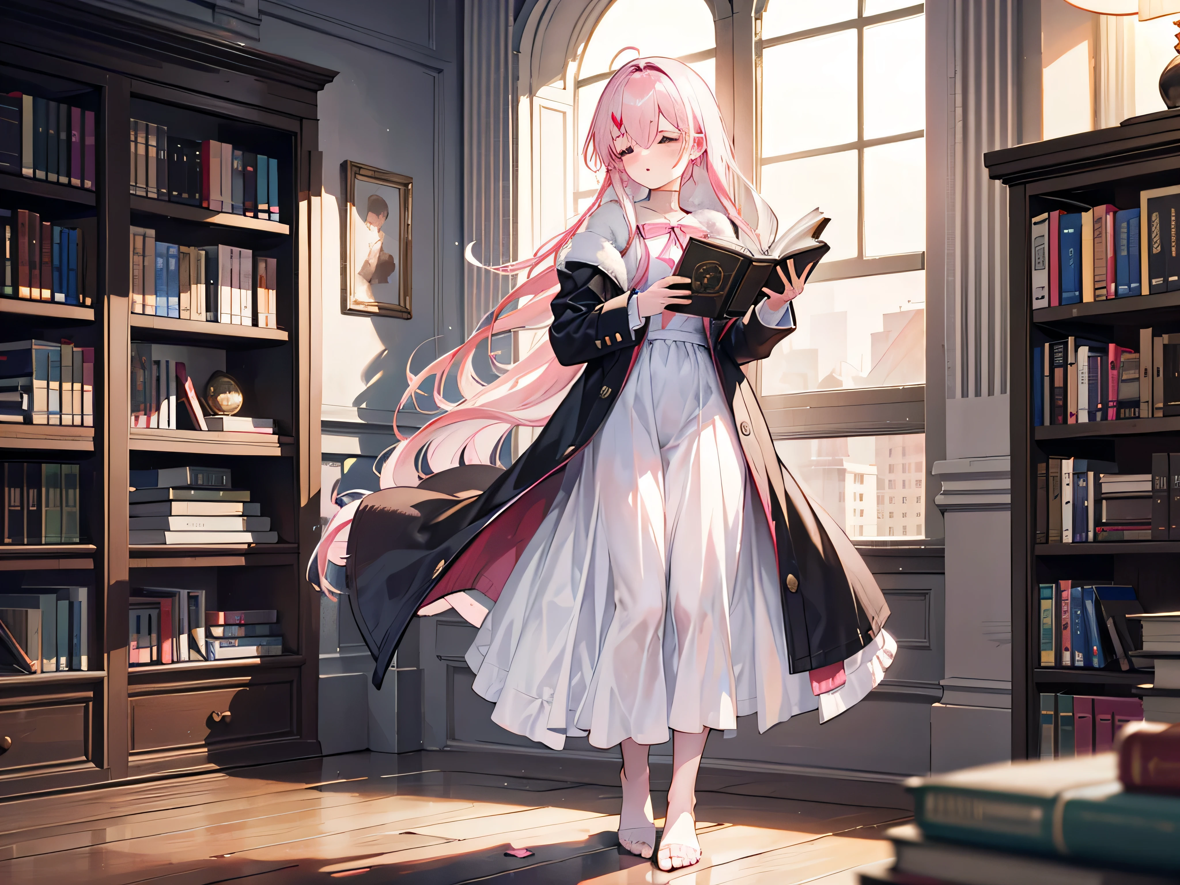 1 Girl，Long white-pink hair，Blindfolded，Get cold feet，Wearing a white dress，Brown coat，Holding a magic book，Standing in front of the library，