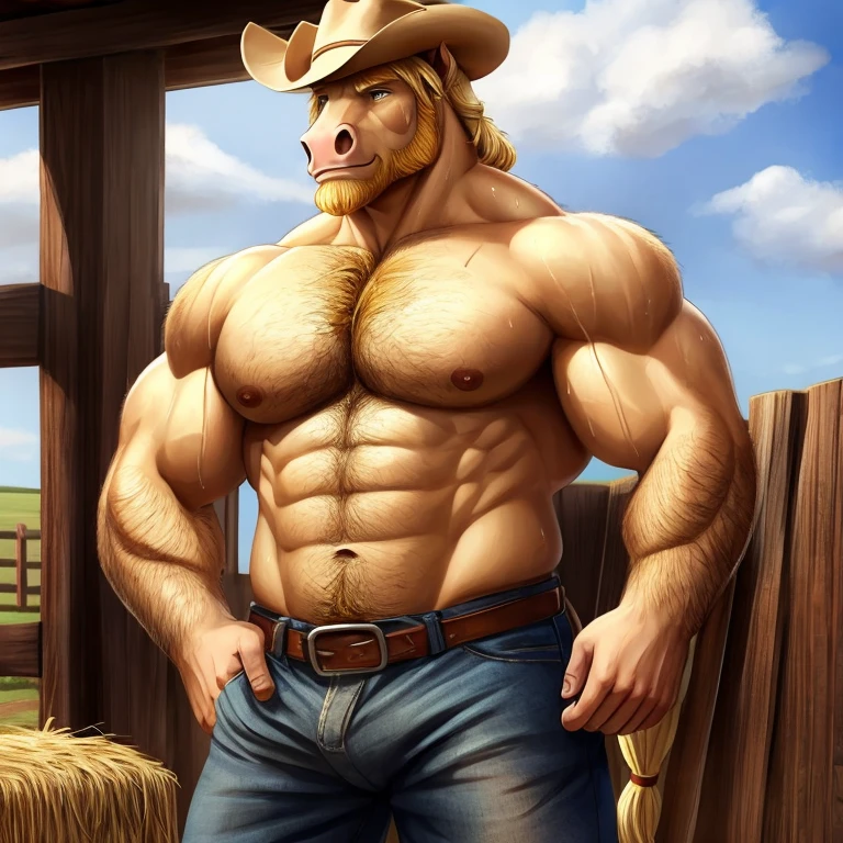 Male horse, white fur, blond short hair, big muscles, shirtless, hairy blond chest, cowboy pants, thick blond beard, working on farm, sweat