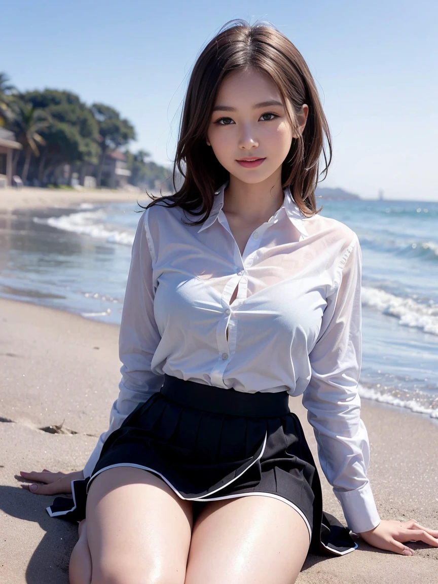 (reality: 1.4),highest quality, masterpiece, Attention to detail, 16K quality, beautiful, 1 beautiful girl,Japanese,super beautiful face,Baby Face,Japanese idol face,Cute face,Highly detailed face,Detailed hand,beautiful skin,Oily skin,Big eyes,Professional Lighting,Medium Hair,Black Hair,brown beautiful eyes, Sit and keep up,Big smile,Spread your legs,(Skirt flip),Big Breasts,Sheer white shirt,Open button,(Check skirt),(White panties),Black high socks,She is looking at the camera,Daylight Saving Time,Beach,blue sky,Blue Ocean, Browsing Caution,from the front,