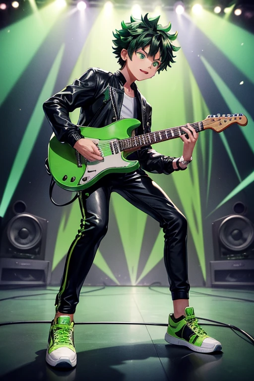 Izuku Midoriya bad boy pop star rock clothing black jacket with green flames black latex pants black tennis shoes with green flames print holding a guitar while singing in a background of a stage with multiple musical notes