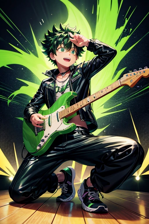 Izuku Midoriya bad boy pop star rock clothing black jacket with green flames black latex pants black tennis shoes with green flames print holding a guitar while singing in a background of a stage with multiple musical notes