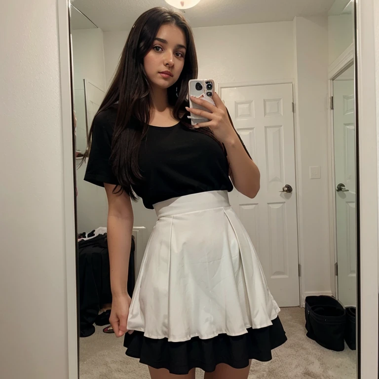 Black and brown mixed hair,brown eyes, milky white skin, Canadian girl, 19yr old ,mirror selfie pic , with skirt, wear full black dress