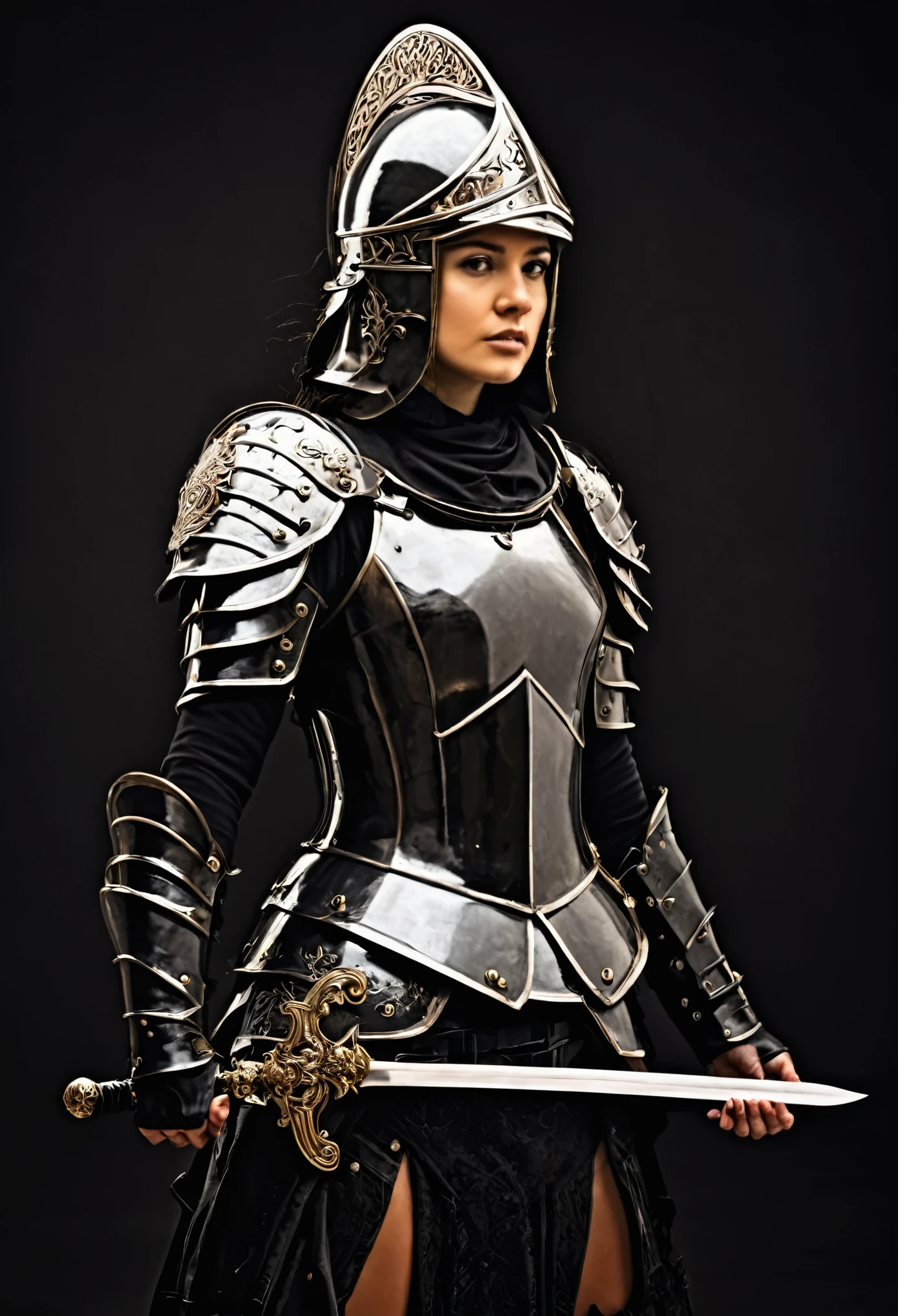 Mulher com armadura capacete esculto, sword and bible