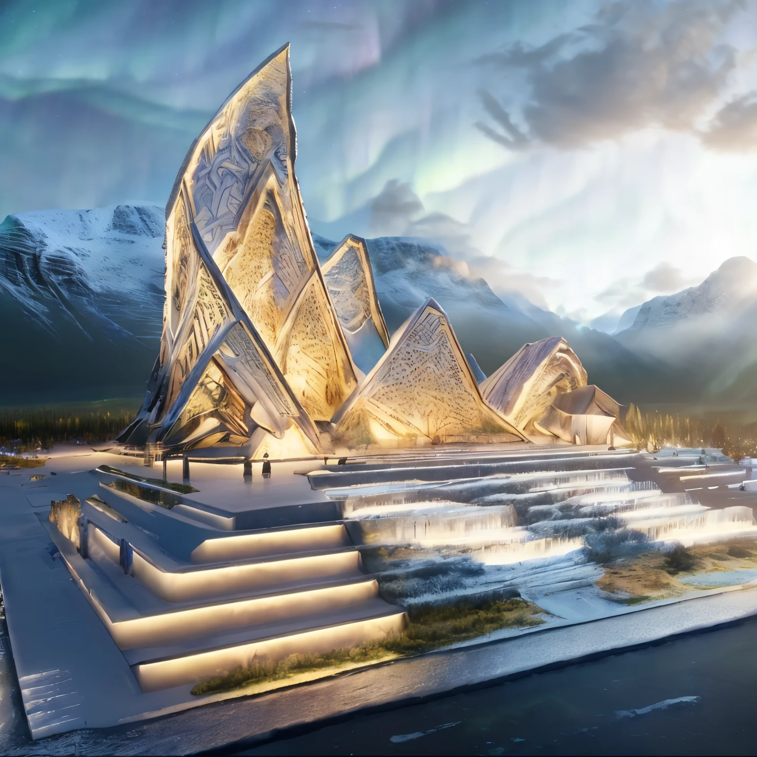 landscape, ultra HD, (background asgard), details, lighting, 8k, (aurora borealis in the sky), constellation, (background asgard)