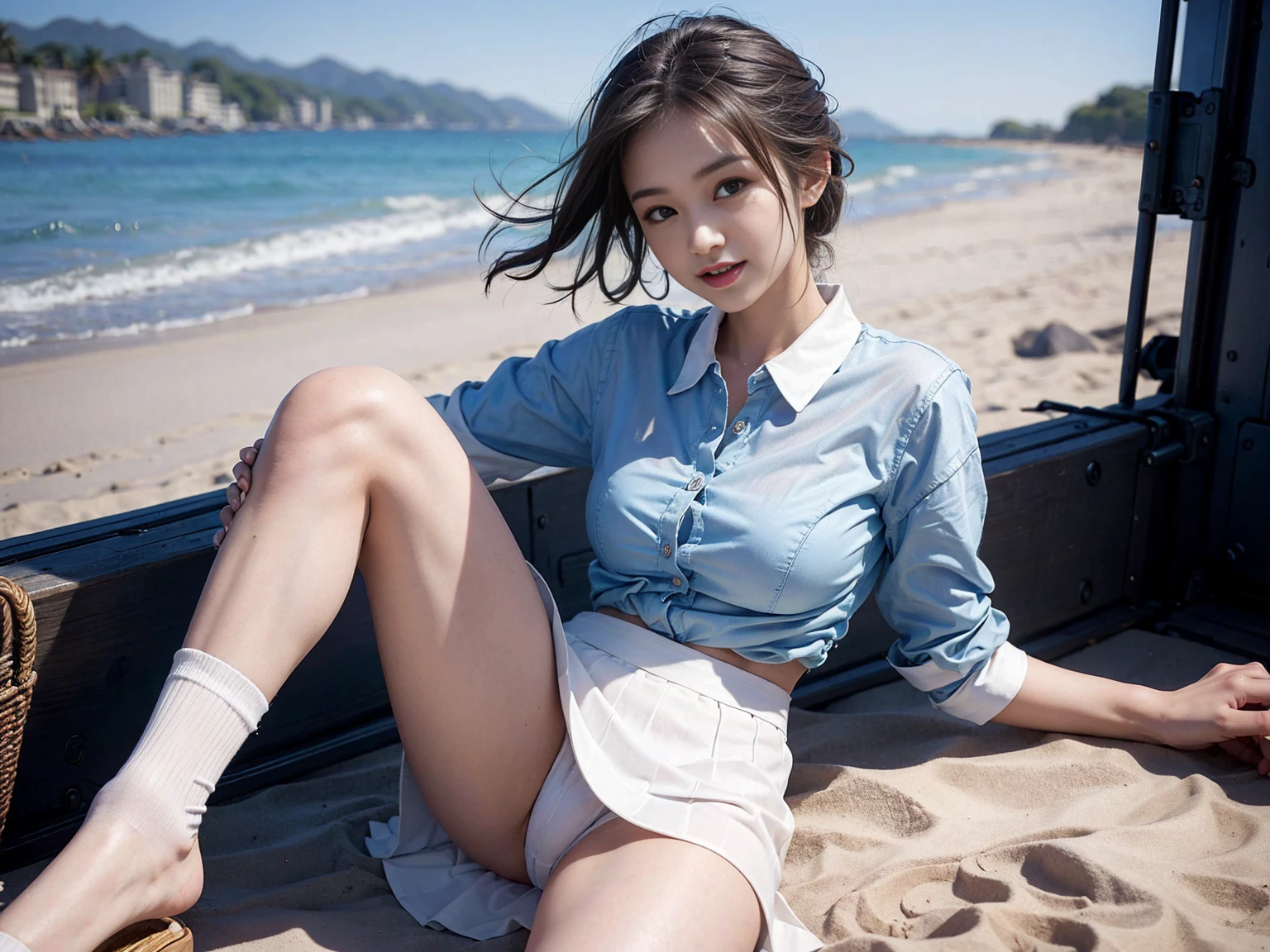 (reality: 1.4),highest quality, masterpiece, Attention to detail, 16K quality, beautiful, 1 beautiful girl,Japanese,super beautiful face,Baby Face,Japanese idol face,Cute face,Highly detailed face,Detailed hand,beautiful skin,Oily skin,Big eyes,Professional Lighting,Medium Hair,Black Hair,brown beautiful eyes, Sit and keep up,Big smile,Spread your legs,(Skirt flip),Big Breasts,Sheer white shirt,Open button,(Check skirt),(White panties),Black high socks,She is looking at the camera,Daylight Saving Time,Beach,blue sky,Blue Ocean, Browsing Caution,from the front,