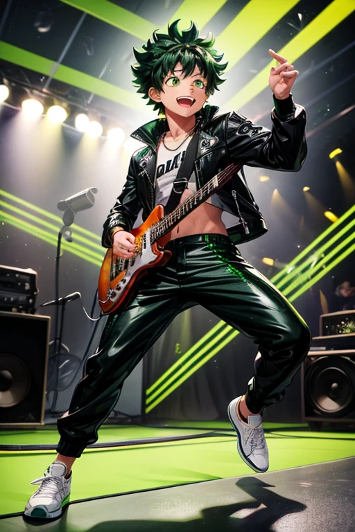 Izuku Midoriya bad boy pop star rock clothing black jacket with green flames black latex pants black tennis shoes with green flames print holding a guitar while singing in a background of a stage with multiple musical notes