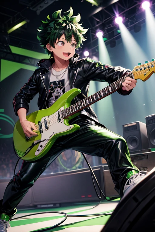 Izuku Midoriya bad boy pop star rock clothing black jacket with green flames black latex pants black tennis shoes with green flames print holding a guitar while singing in a background of a stage with multiple musical notes 