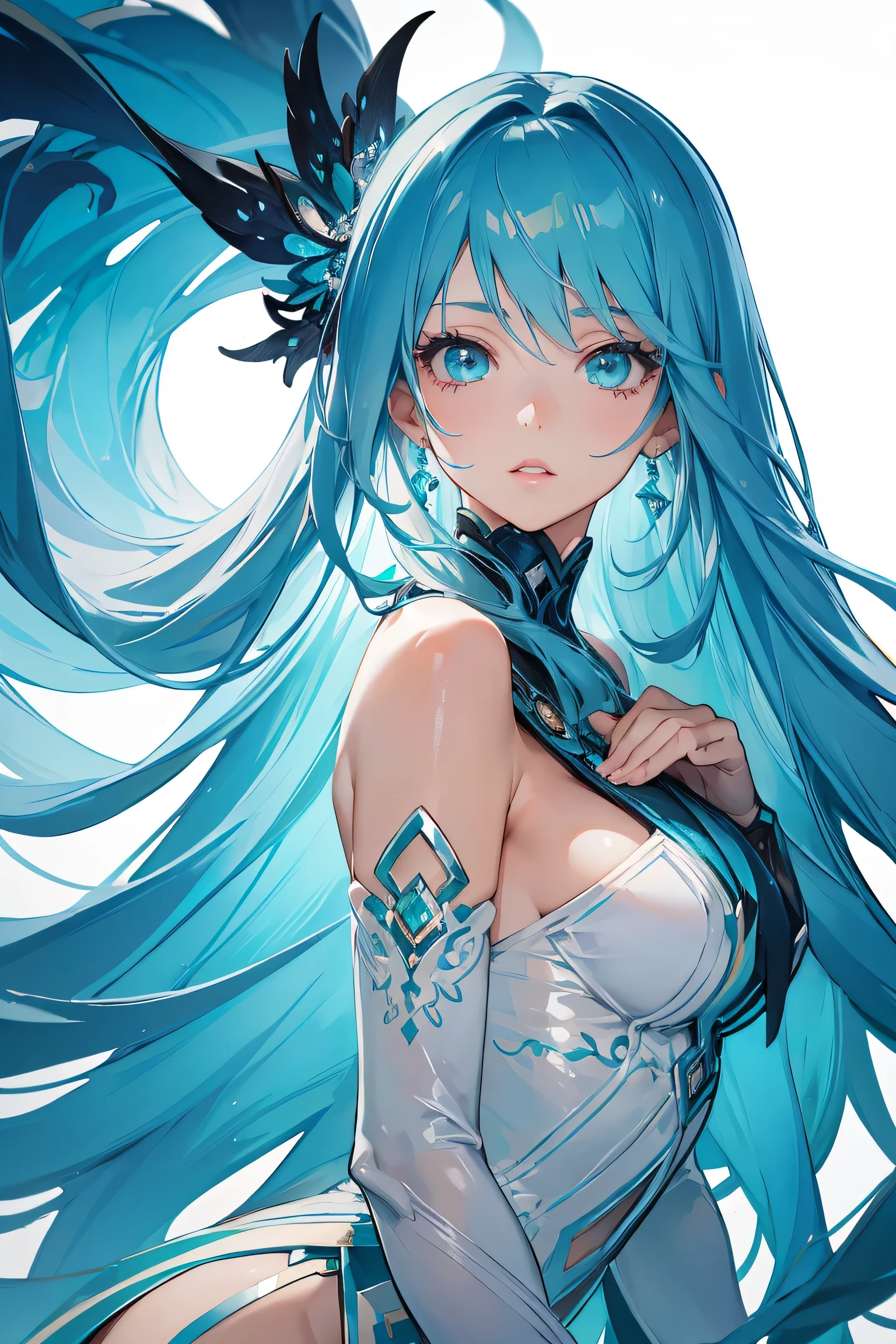 woman, long cyan hair, long hair, (beautiful detailed lips), (best quality, ultra-detailed) dynamic, anime, bare front
