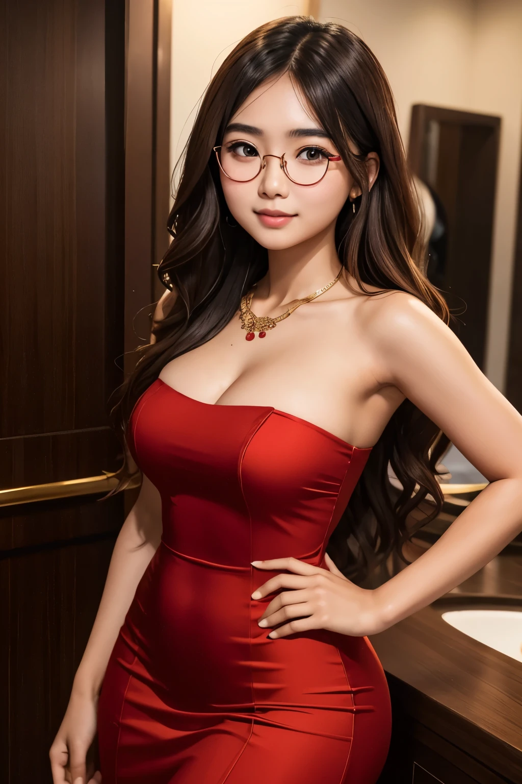 detailed face of half  body photo. 25 year old Indonesian girl with a sweet  face,  big  round face and long brown wavy hair, round glasses, wear luxury red long party dress Sleeveless strapless in luxury party with exposed armpits with a great face and thighs visible 