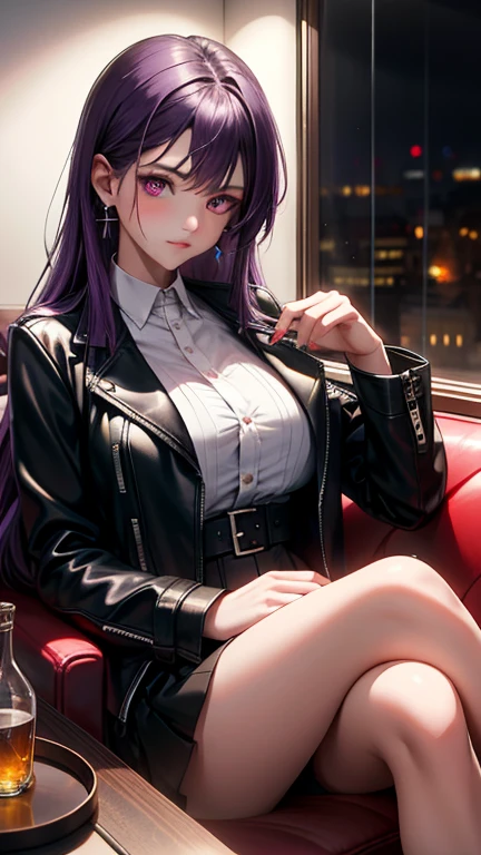 (best quality:1.1), (Masterpiece:1.2), High quality shadow, beautiful details, Beautiful face, Detailed eyes, depth of field, high resolution, best shadow, best light, 1 girl, see the audience, shiny purple hair, smooth, blunt, long hair, ruby pink eyes, shy, Very big breasts, pump, Single strap shirt, black leather jacket, black leather skirt, table, glass, liquor bottle, night time, rift,  eyes, pub bar background, sexy woman, cold, pov, Cool Woman ,ear jewelry, cross-legged sitting, sofa