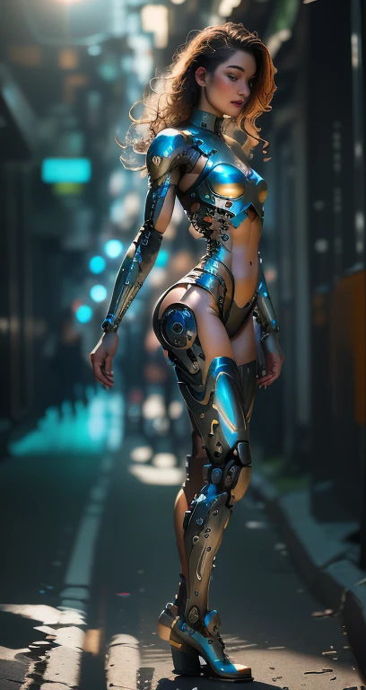 A female cyborg riding a high-tech motorcycle on the street, (side view, Half-turn:1.2), lying down, dancing, jumping, shooting, crying, masturbating, high quality, Absurd, Masterpiece, Beautiful, complex parts, 1/2 body crops, slender body, Beautiful figure, Magnificent Anatomy, (complex parts:1.12), HDR, (complex parts, hyper detail:1.15), (natural skin textures, Hyperrealistic, soft light, Spicy:1.2)