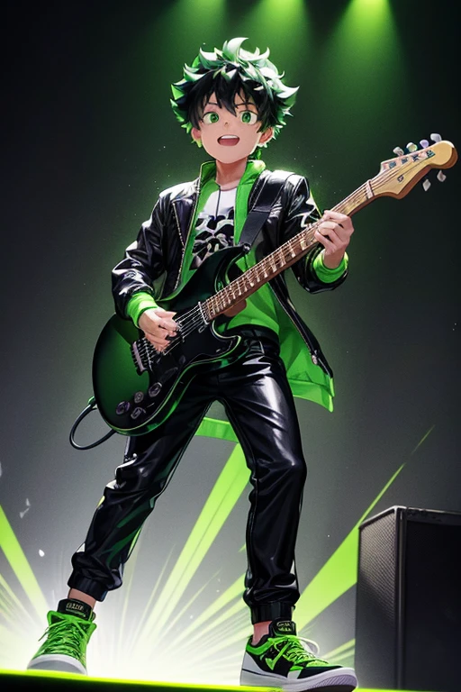 Izuku Midoriya bad boy pop star rock clothing black jacket with green flames black latex pants black sneakers with green flame print holding a green and black guitar while singing in a background of a stage with multiple musical notes 
