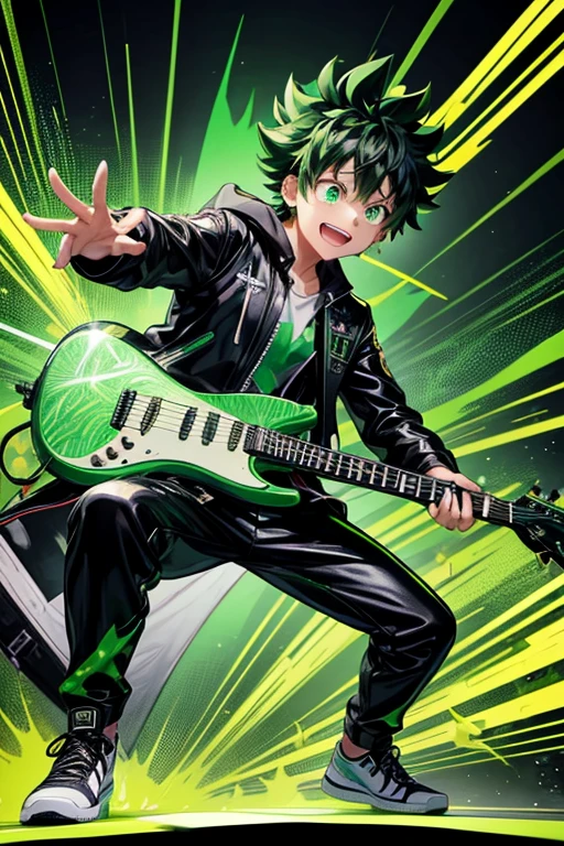 Izuku Midoriya bad boy pop star rock clothing black jacket with green flames black latex pants black sneakers with green flame print holding a green and black guitar while singing in a background of a stage with multiple musical notes