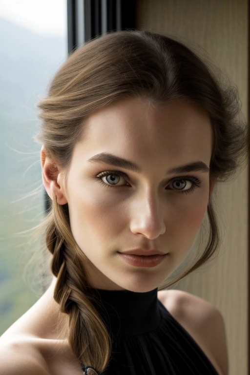 (high angle, close up on face:1.2) photo of AlexandraLenarchyk, she is wearing loincloth , her hair is styled as gibson tuck, BREAK she is (at the top of a mountain:1.1), silhouetted against the window,