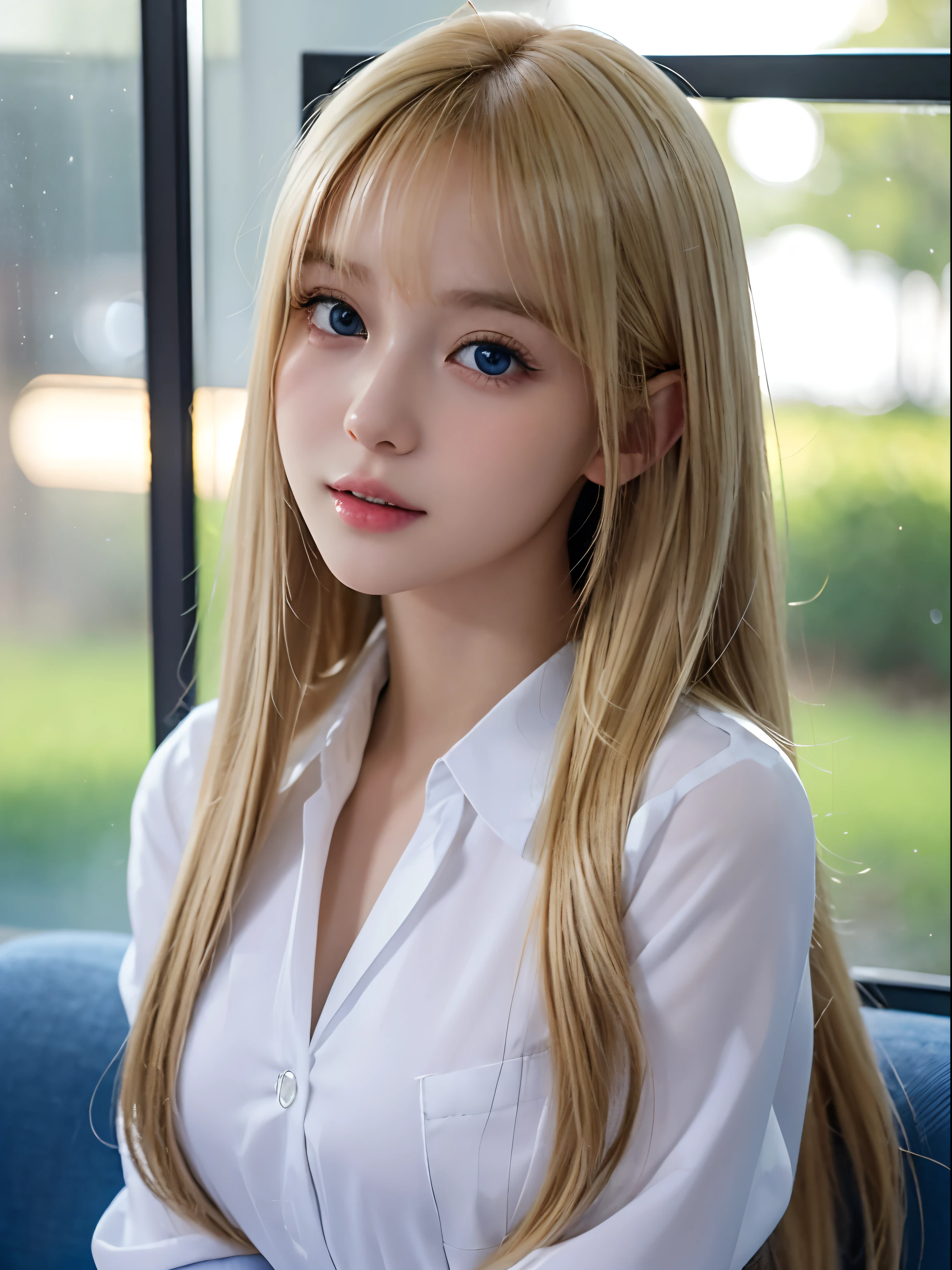 portar、Uniformes escolares、bright expression、rabo de cavalo、Pele brilhante branca brilhante jovem、Melhores looks、Luz refletida loira、Cabelo loiro com mechas deslumbrantes、cabelo claro e brilhante,、cabelo liso super longo e sedoso、Franja linda que brilha、Olhos azuis grandes e atraentes e cristalinos brilhanteuito linda, linda garota de 16 anos、Busto exuberante