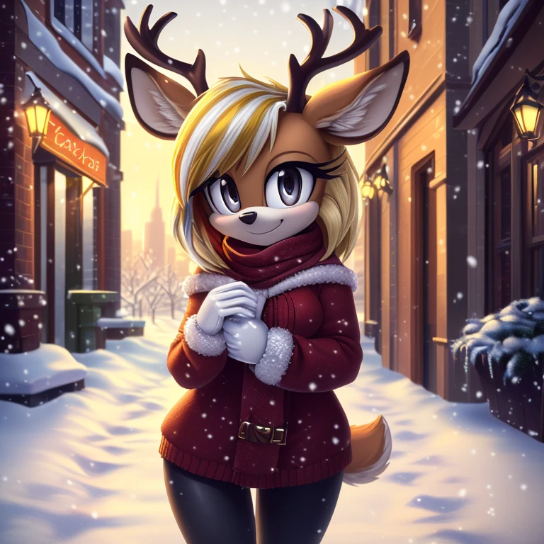 ((masterpiece, very detailed, fine details, detailed background, HD, intricate details, highlights, detailed shadows), snowing, winter, mobian, 1girl, deer, medium blonde hair, grey eyes, attractive, gorgeous body, medium breast, warm winter clothes, city, smile, cute, Christmas, white gloves