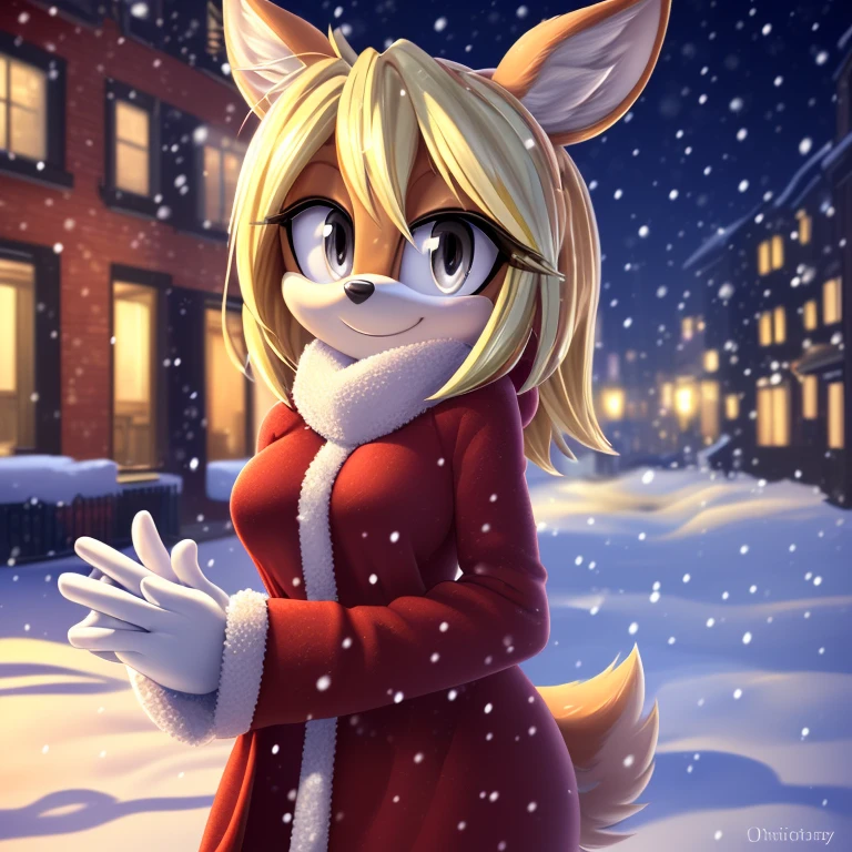 ((masterpiece, very detailed, fine details, detailed background, HD, intricate details, highlights, detailed shadows), snowing, winter, mobian, 1girl, deer, medium blonde hair, grey eyes, attractive, gorgeous body, medium breast, warm winter clothes, city, smile, cute, Christmas, white gloves