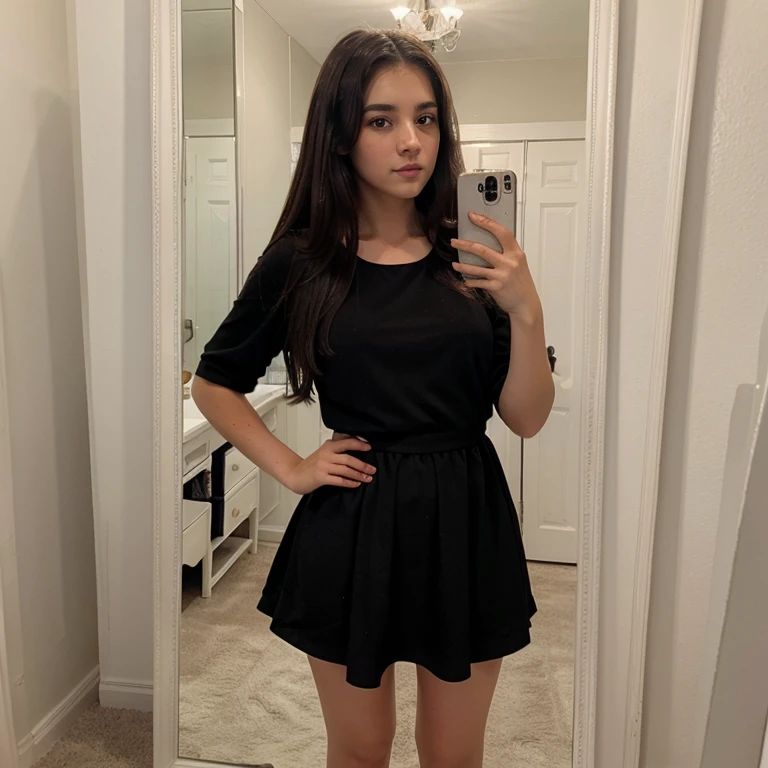 Black and brown mixed hair,brown eyes, milky white skin, Canadian girl, 19yr old ,mirror selfie pic , with skirt, wear full black dress