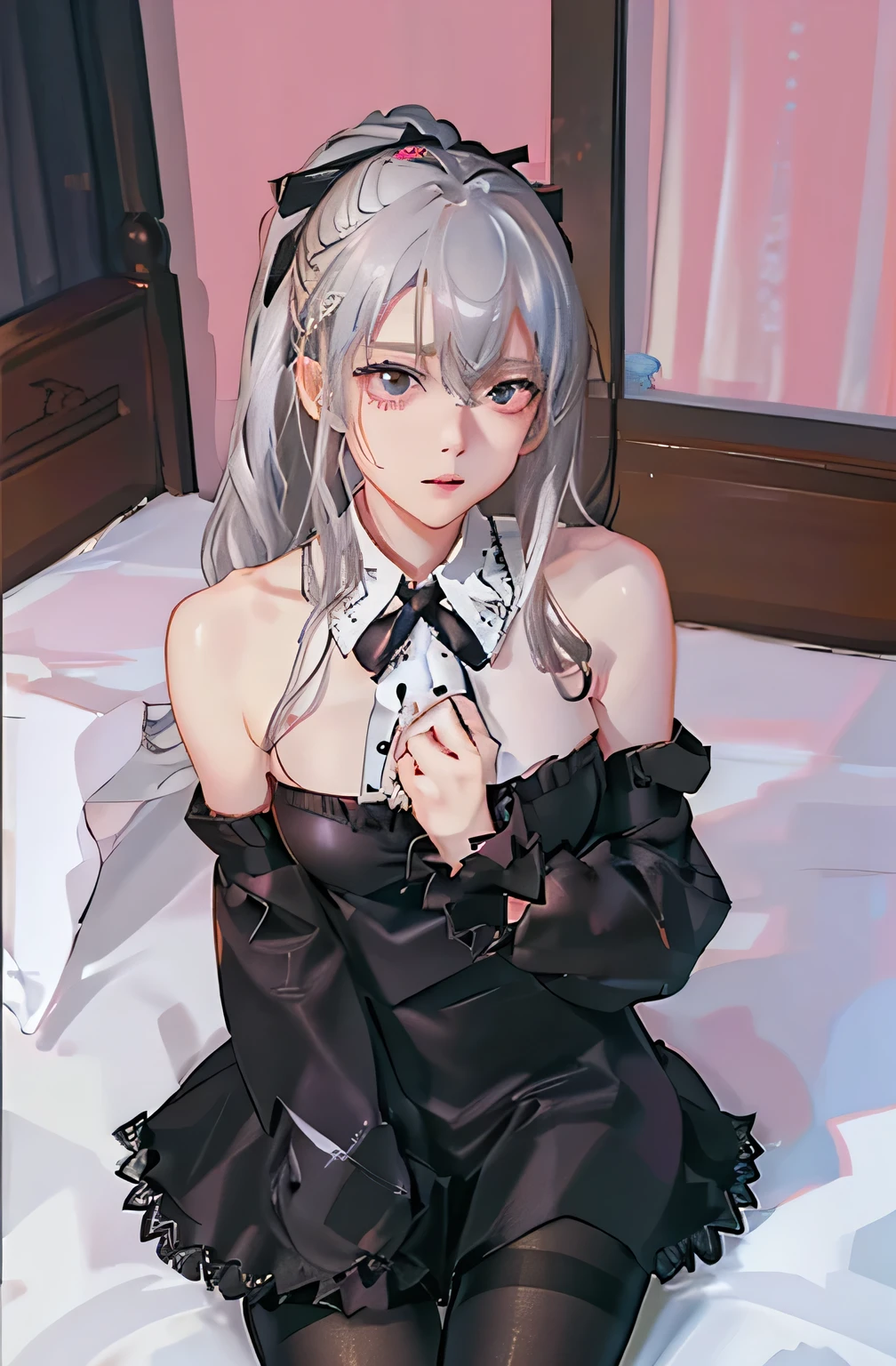 (((1 girl)),Ray Tracing,(Dim lighting),[Detailed Background (Bedroom)),((Silver Hair)),((Silver Hair)),(Fluffy Silver Hair, Plump and slender girl)) Raised ponytail)))) Avoid blonde eyes in the ominous Bedroom ((((Girls、She wears intricately embroidered black high-waisted pants and pantyhose.。) White frilly ribbon gloves), Showing off a delicate, slim figure and graceful curves, Correct limbs, Sitting on the bed、8K、Perfect female body、Red line clothes、8K、High quality、Naughty fashion、Big Breasts、Eros、Lingerie、Pink outfit、bikini