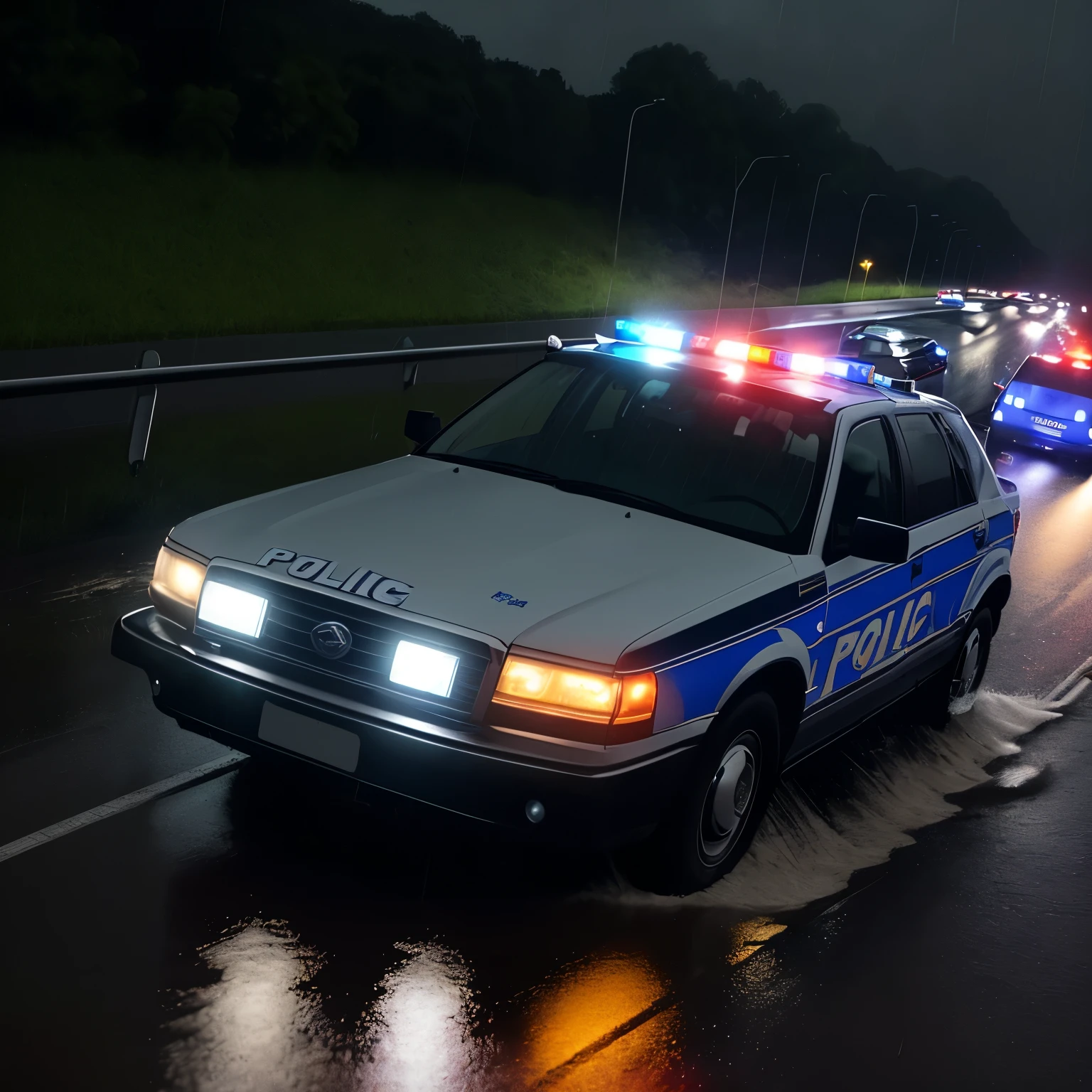 Police car with lights on on the highway with flooding and torrential rain