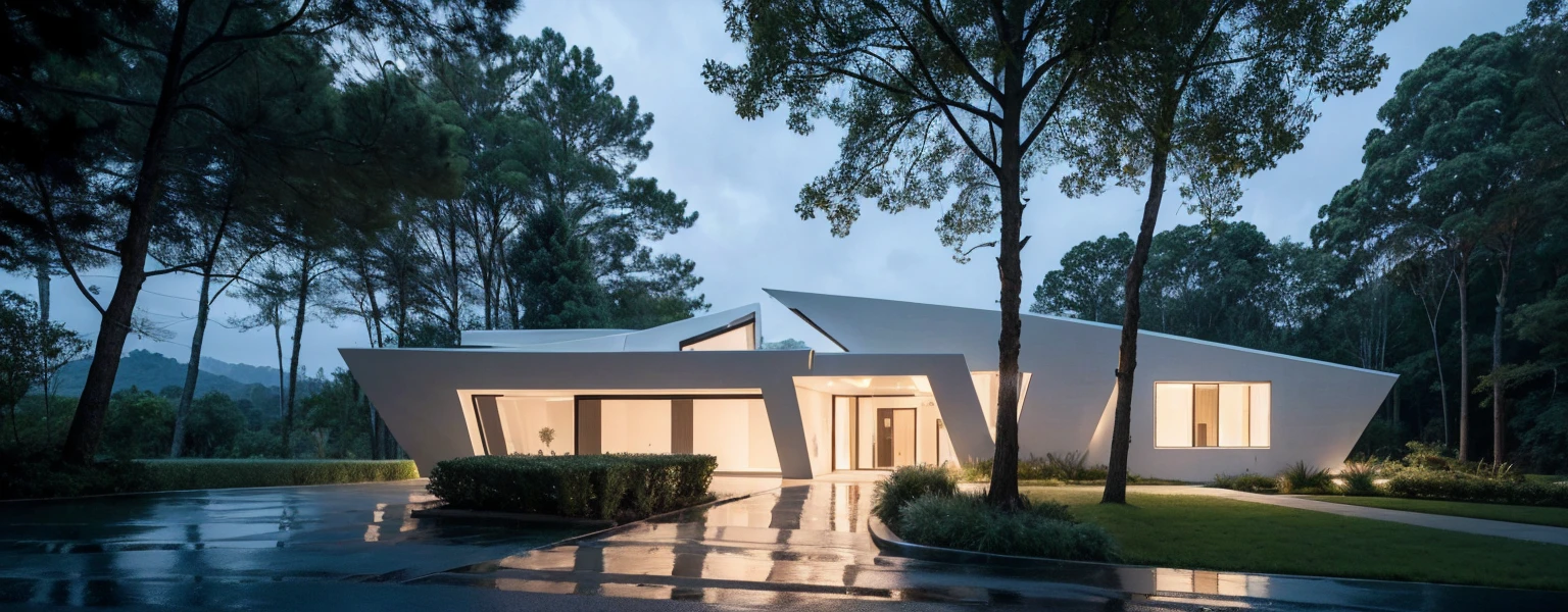 View of panoramic persperctiva, cinematic lighting, a house of futuristic modern architecture in the foreground, surrounded by forests, in the background there are beautiful skies, (rained), ((a house)),