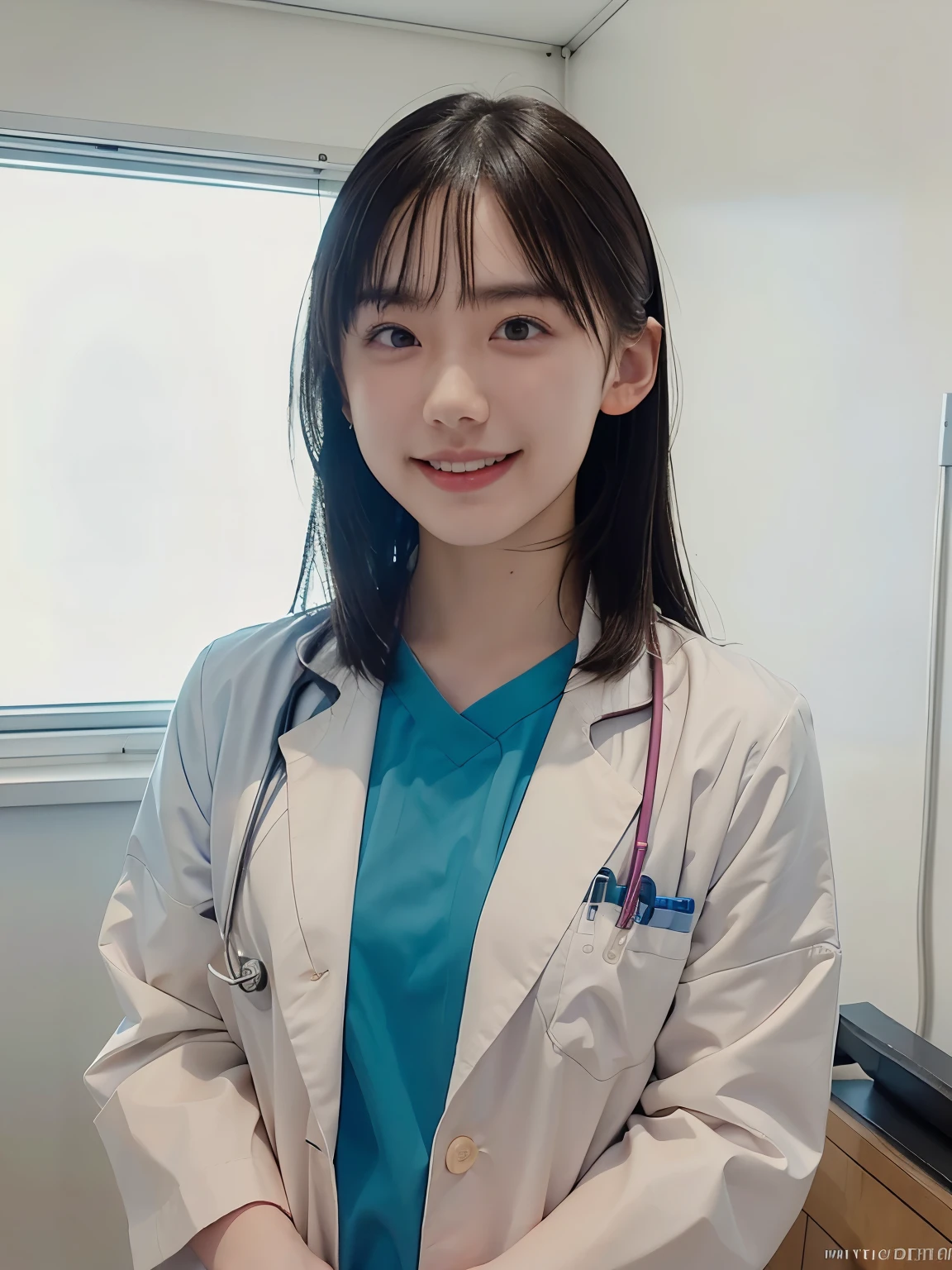 (RAW Photos, highest quality), masterpiece, A light smile, Natural light, One girl, wear a lab coat over a scrub, Hospital Biological Research Institute, Stethoscope, window,chest,