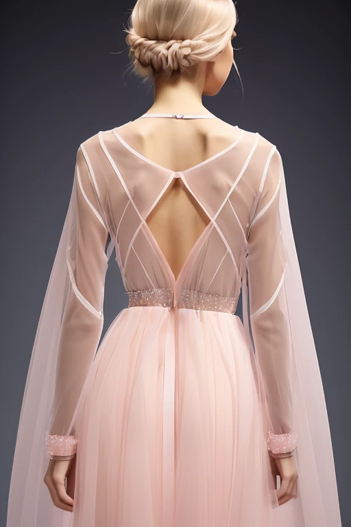 (back detail:fashion design,sketch,clothing,dress), (thin,light pink,tulle,transparent fabric),(strass:1.1),(long-sleeved), (geometric shape,fox layers),(conceptual fashion design),(transparent,see-through), (back above waist,arms),(torso),(fox face clearly shaped),(fabric fox:1.1) The fabric overlay one another to create a SIMPLE geometric fox shape