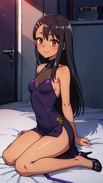 (extremely detailed CG unity 8k wallpaper), (masterpiece), (best quality), (ultra-detailed), (best illustration), (best shadow), (absurdres), 1girl, solo, pefrect face, perfect eyes, nagatoro hayase, hair ornament, brown eyes, hairclip, shirt,dark skin, black hair, long hair, crazy evil smile, purple evening dress, bare shoulders, slit on dress, heels