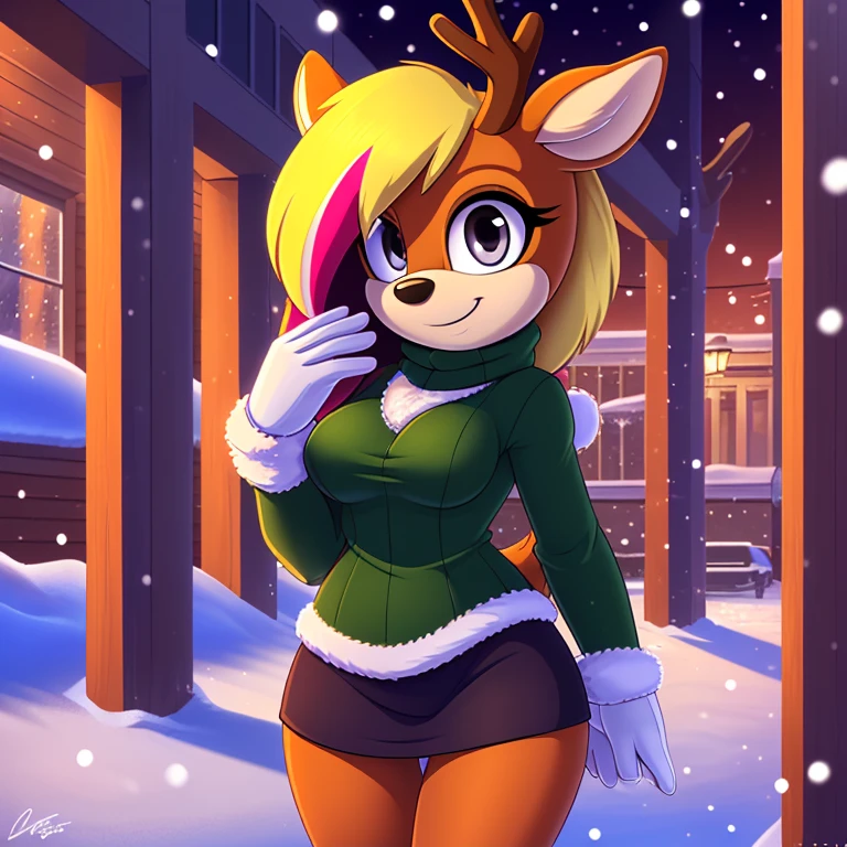 ((masterpiece, very detailed, fine details, detailed background, HD, intricate details, highlights, detailed shadows), snowing, winter, mobian, 1girl, deer, medium blonde hair, grey eyes, attractive, gorgeous body, medium breast, warm winter clothes, city, smile, cute, Christmas, white gloves