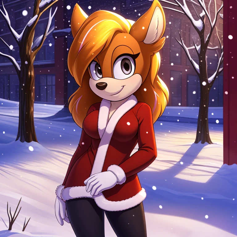 ((masterpiece, very detailed, fine details, detailed background, HD, intricate details, highlights, detailed shadows), snowing, winter, mobian, 1girl, deer, medium blonde hair, grey eyes, attractive, gorgeous body, medium breast, warm winter clothes, city, smile, cute, Christmas, white gloves