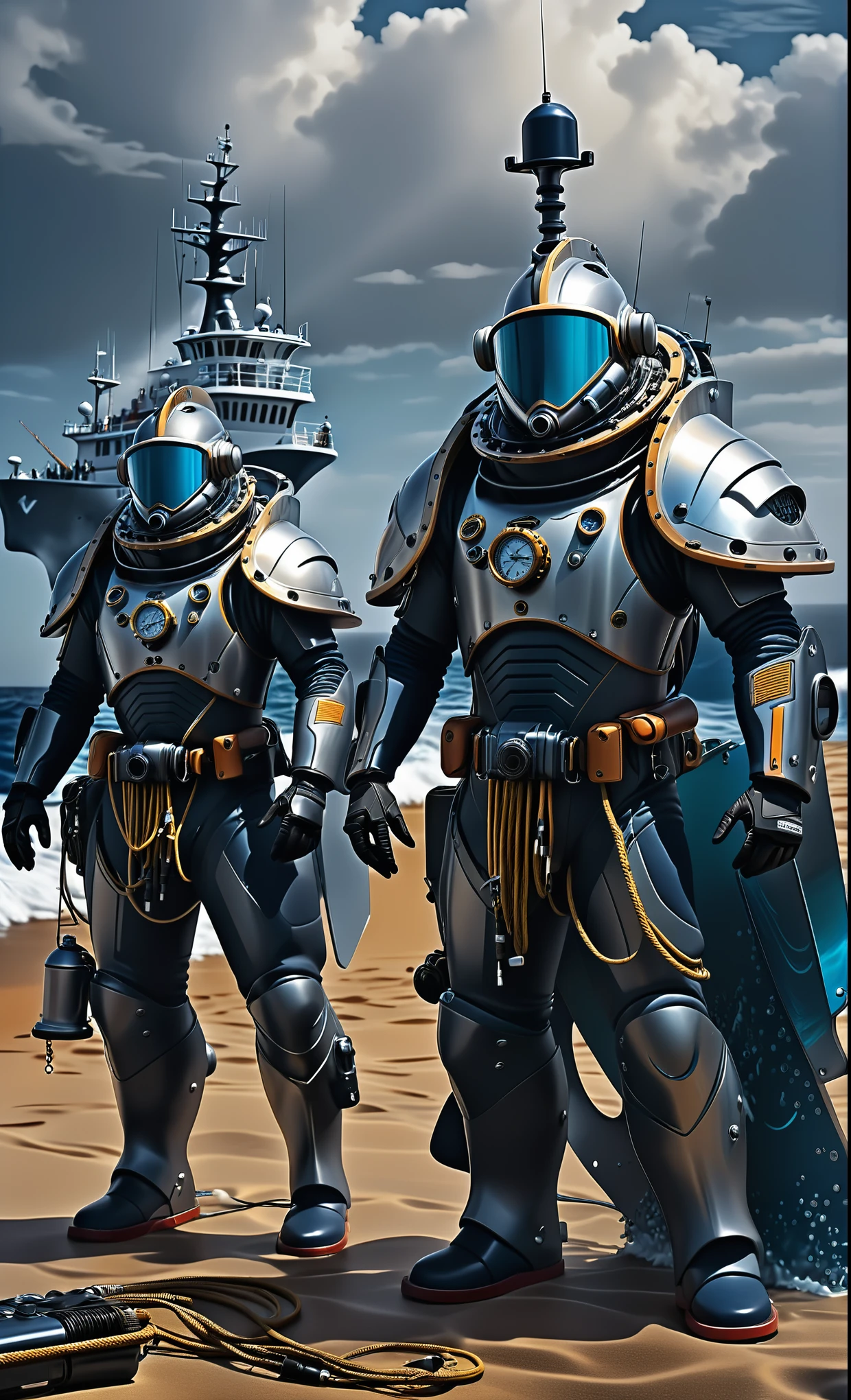Nazare Nautica vol.2 - Fishing cutters and deep divers, by Luis Duarte, Nanopunk, blue shading, Nazare style, Element Water, Mythpunk, Graphic Interface, Space Art, Sci-Fic Art, Dark Influence, NijiExpress 3D v3, Kinetic Art, Datanoshing, Oilpainting, Ink v3, Splash style, Abstract Art, Abstract Tech, Cyber Tech Elements, Futuristic, Epic style, Illustrated v3, Deco Influence, AirBrush style, drawing