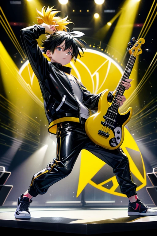 Rody Soul from My Hero Academia bad boy pop Star rock clothing black jacket with yellow rays black latex pants black tennis shoes with yellow rays print holding a yellow and black electric bass while singing in a background of a stage with multiple musical notes horse with yellow locks